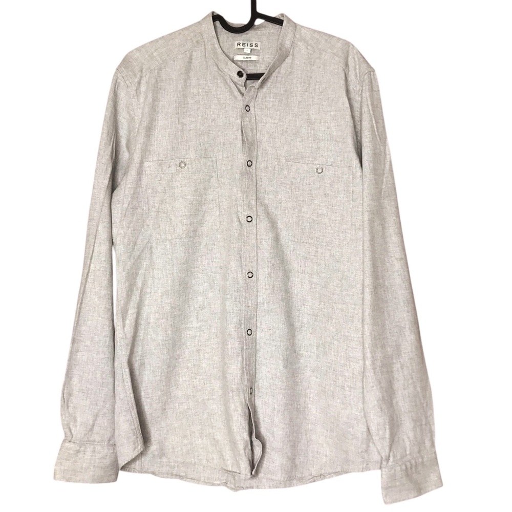 Reiss Cotton Snap Front Canvas Style Long Sleeve Shirt Grey Tan Men's Large